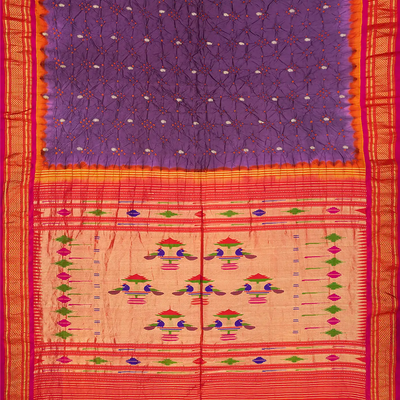 Lilac Handwoven Bandhani Silk Saree With Paithani Pallu-Lilac