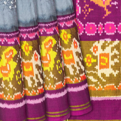 Grey Handwoven Bandhani Silk Saree With Diamond Motifs-Grey