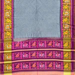 Grey Handwoven Bandhani Silk Saree With Diamond Motifs-Grey