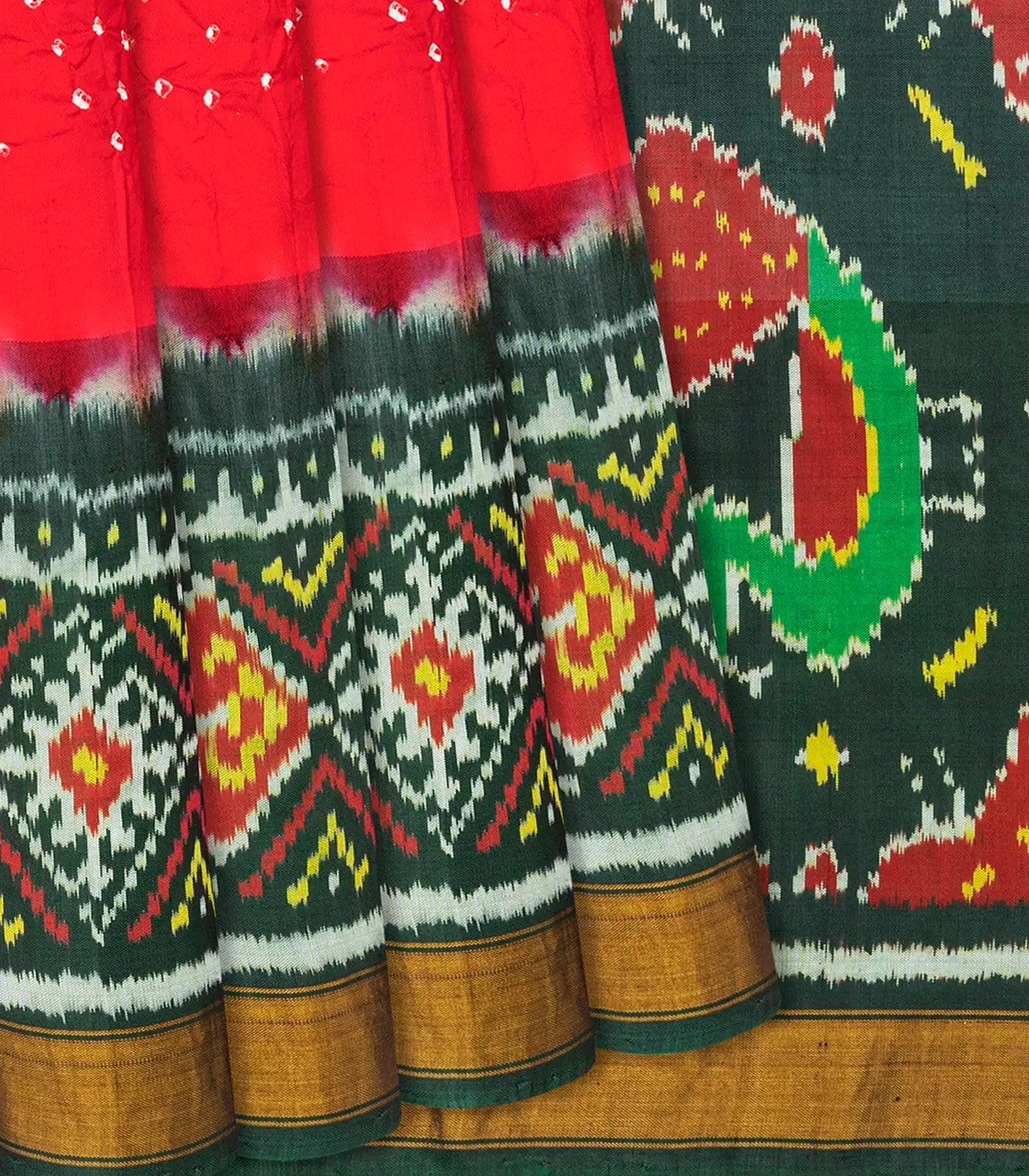 Red Handwoven Bandhani Silk Saree With Diamond Motifs-Red