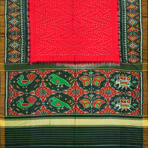 Red Handwoven Bandhani Silk Saree With Diamond Motifs-Red