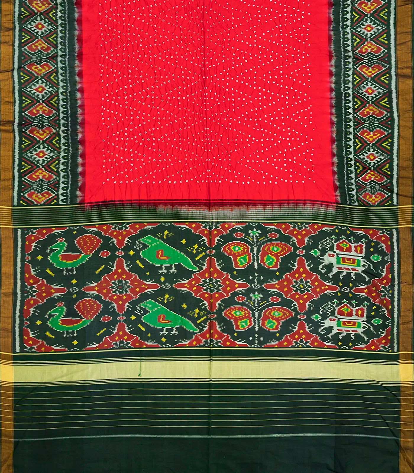 Red Handwoven Bandhani Silk Saree With Diamond Motifs-Red