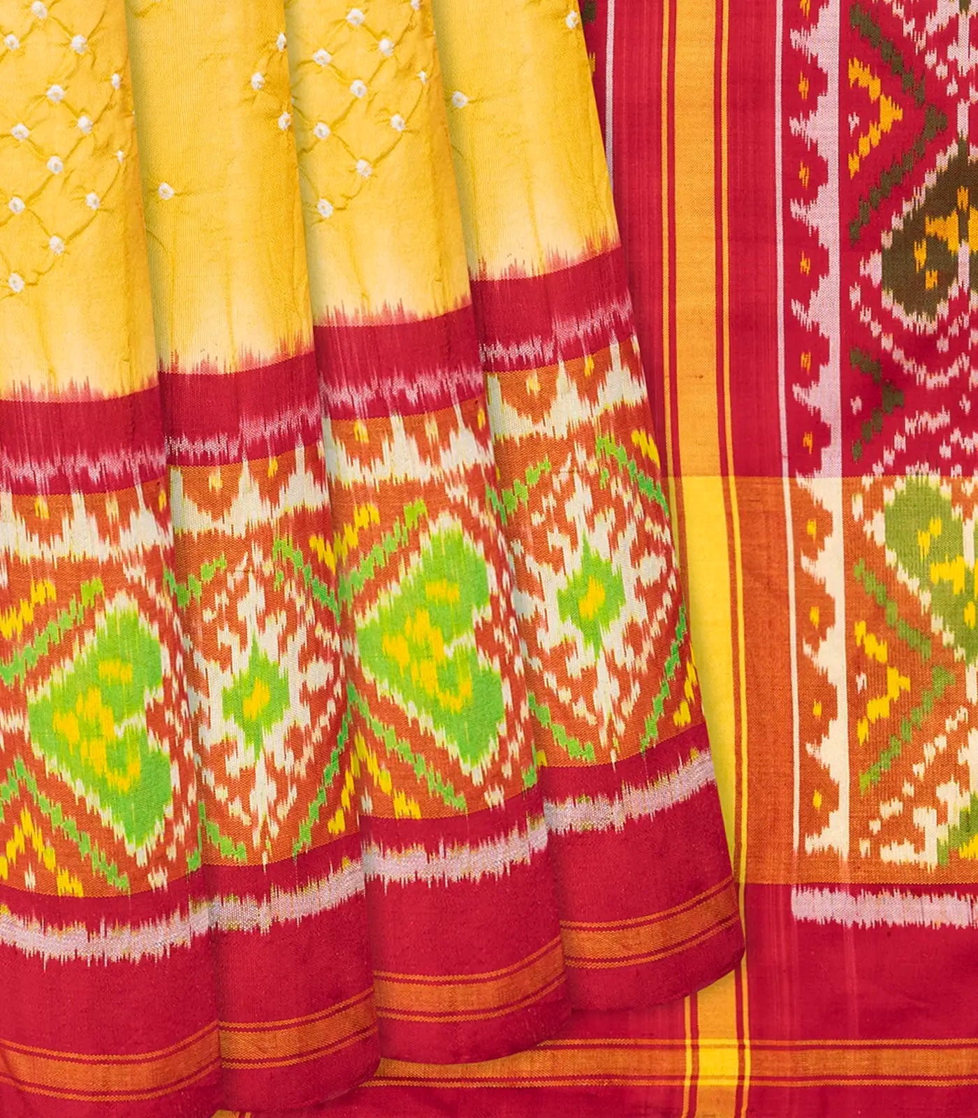 Yellow Handwoven Bandhani Silk Saree With Diamond Motifs-Yellow