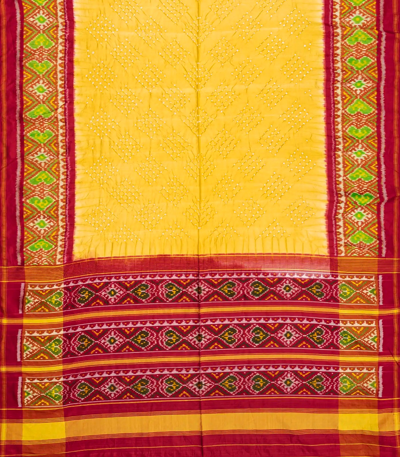Yellow Handwoven Bandhani Silk Saree With Diamond Motifs-Yellow