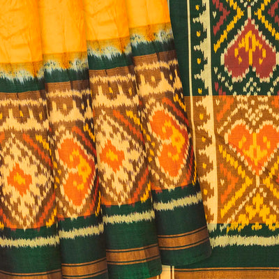 Mango Yellow Handwoven Bandhani Silk Saree With Diamond Motifs-Mango Yellow