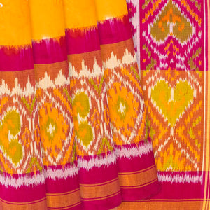 Yellow Handwoven Bandhani Silk Saree With Chevron Motifs-Yellow