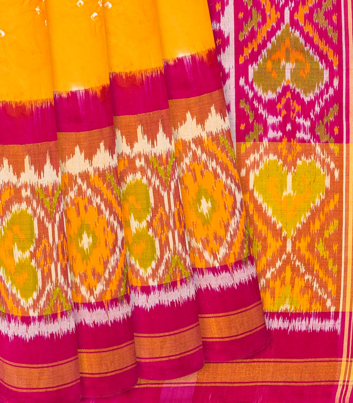 Yellow Handwoven Bandhani Silk Saree With Chevron Motifs-Yellow