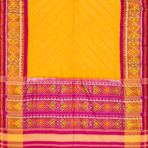 Yellow Handwoven Bandhani Silk Saree With Chevron Motifs-Yellow