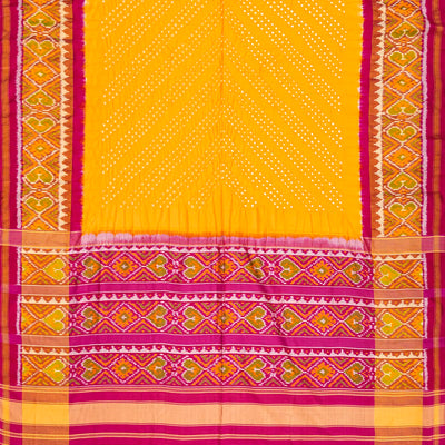 Yellow Handwoven Bandhani Silk Saree With Chevron Motifs-Yellow