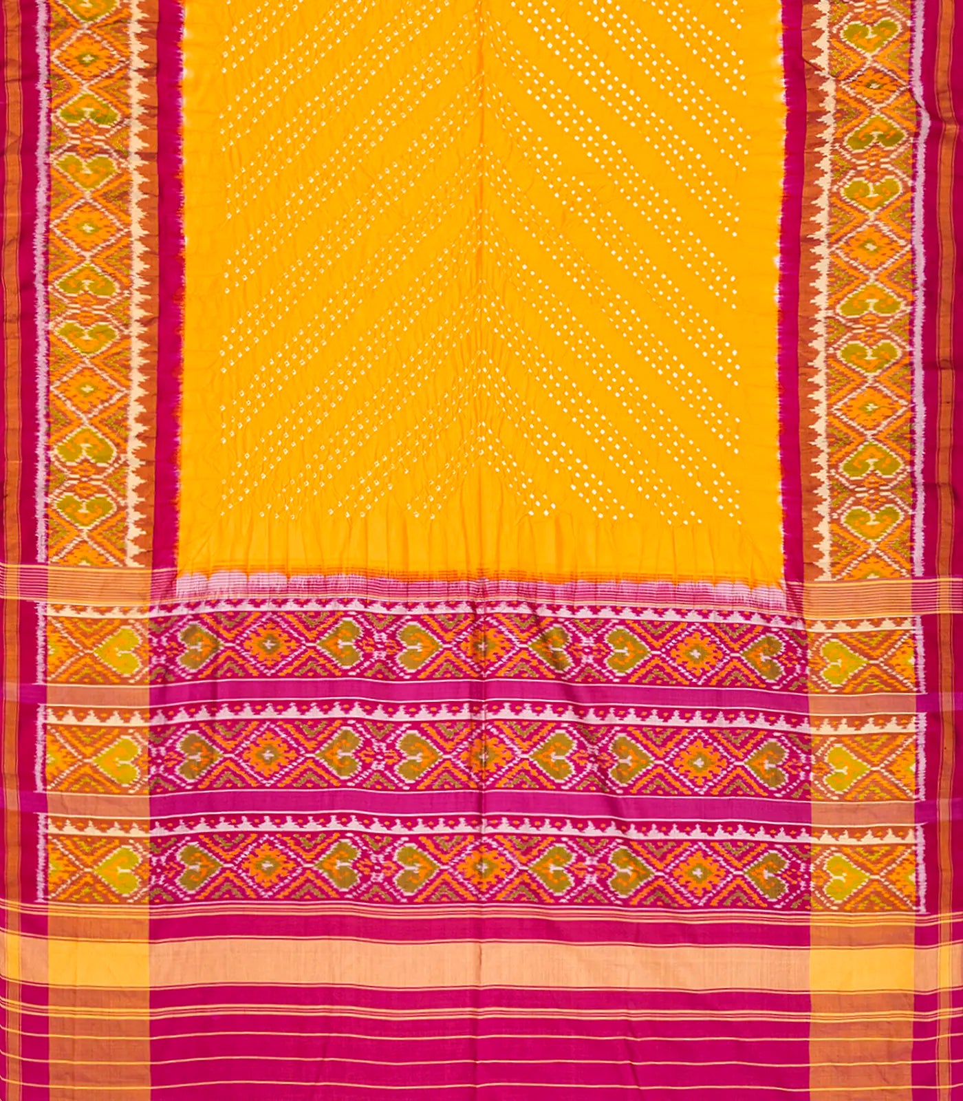 Yellow Handwoven Bandhani Silk Saree With Chevron Motifs-Yellow