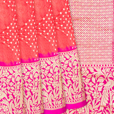 Peach Handwoven Bandhani Silk Saree With Diamond Motifs-Peach