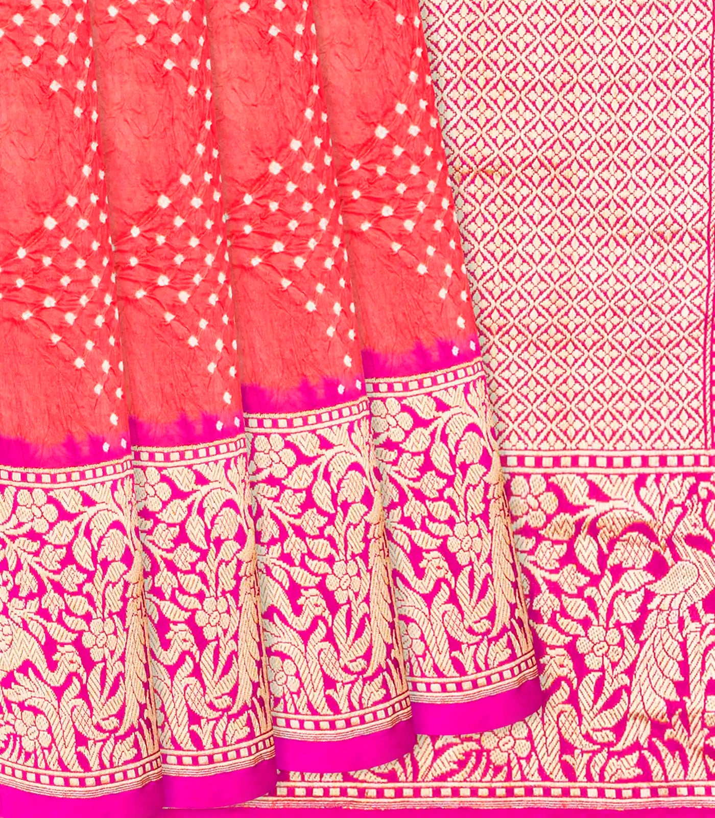 Peach Handwoven Bandhani Silk Saree With Diamond Motifs-Peach