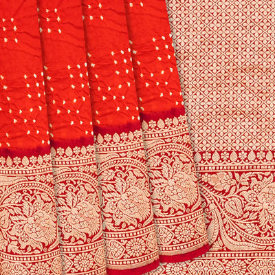 Crimson Handwoven Bandhani Silk Saree With Diamond Motifs-Crimson