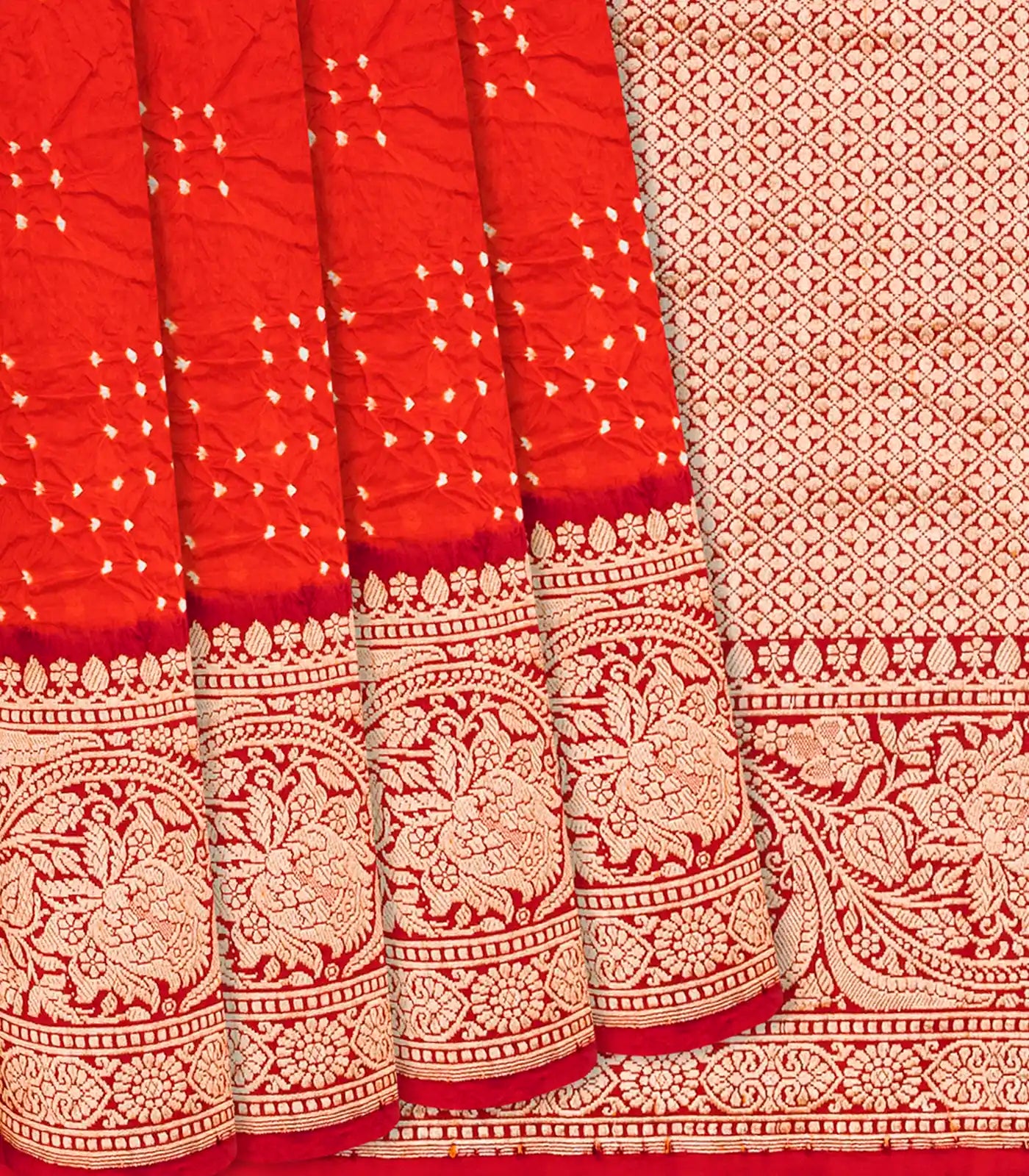 Crimson Handwoven Bandhani Silk Saree With Diamond Motifs-Crimson