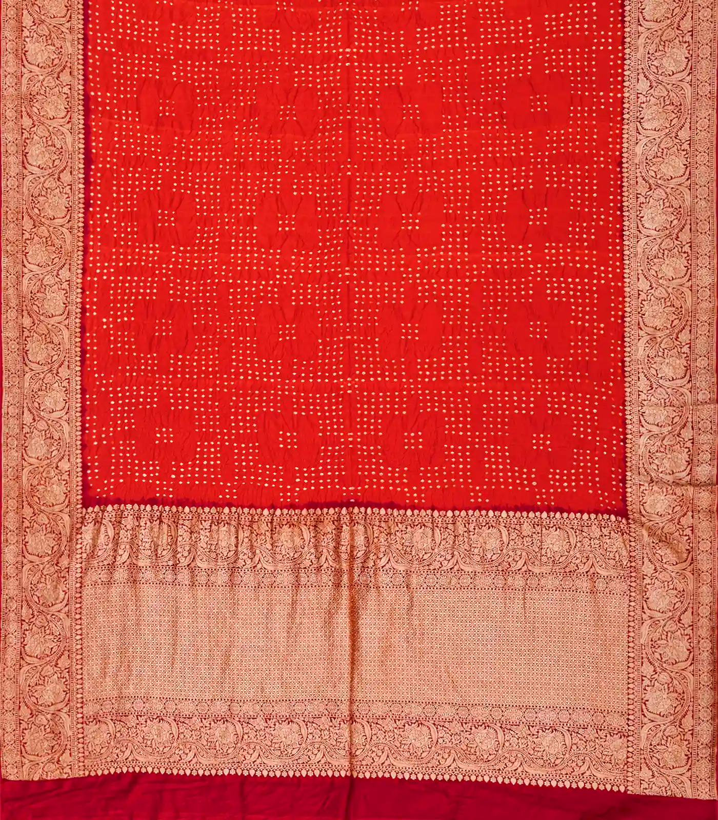 Crimson Handwoven Bandhani Silk Saree With Diamond Motifs-Crimson