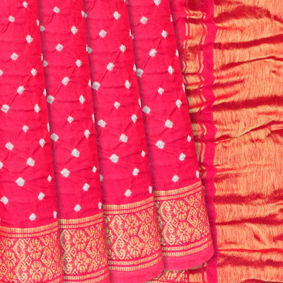 Pink Handwoven Bandhani Silk Saree With Tie & Dye Motifs-Pink
