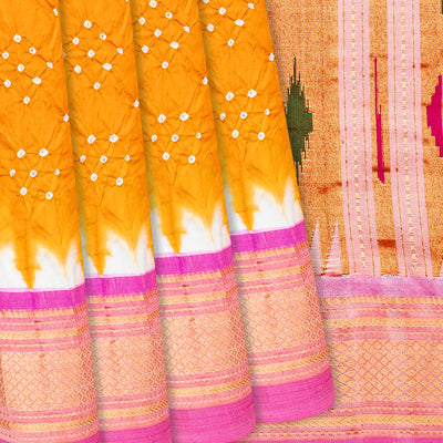 Mustard Handwoven Bandhani Silk Saree With Paithani Pallu-Mustard
