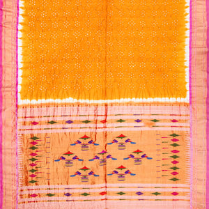Mustard Handwoven Bandhani Silk Saree With Paithani Pallu-Mustard