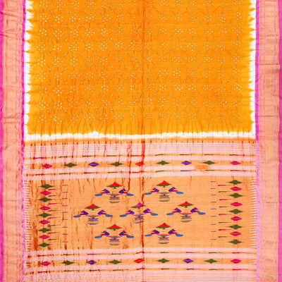 Mustard Handwoven Bandhani Silk Saree With Paithani Pallu-Mustard