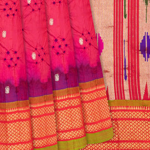 Dark Peach Handwoven Bandhani Silk Saree With Paithani Pallu-Dark Peach