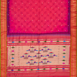 Dark Peach Handwoven Bandhani Silk Saree With Paithani Pallu-Dark Peach