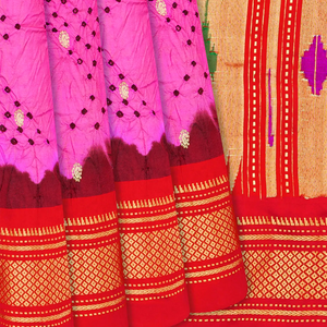 Hot Pink Handwoven Bandhani Silk Saree With Paithani Pallu-Hot Pink