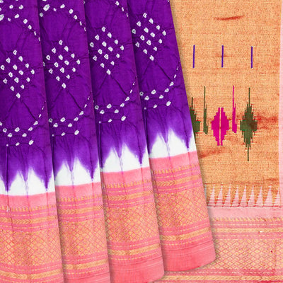 Purple Handwoven Bandhani Silk Saree With Paithani Pallu-Purple