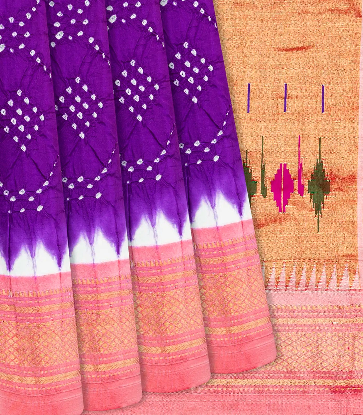 Purple Handwoven Bandhani Silk Saree With Paithani Pallu-Purple