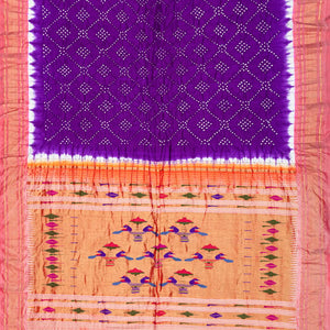 Purple Handwoven Bandhani Silk Saree With Paithani Pallu-Purple