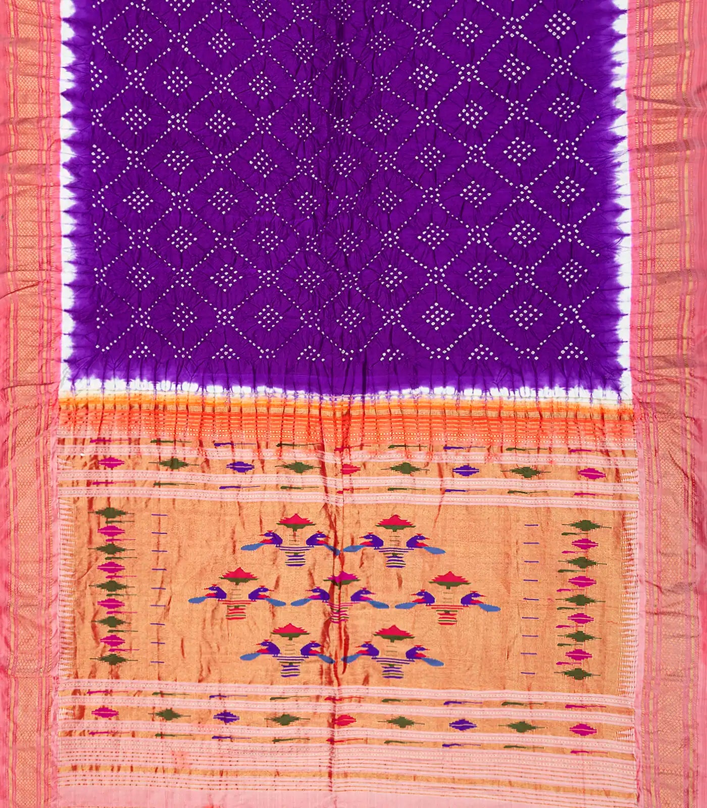 Purple Handwoven Bandhani Silk Saree With Paithani Pallu-Purple