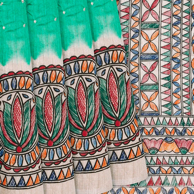 Aquamarine Handwoven Bandhani Silk Saree With Printed Pallu-Aquamarine