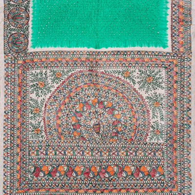 Aquamarine Handwoven Bandhani Silk Saree With Printed Pallu-Aquamarine