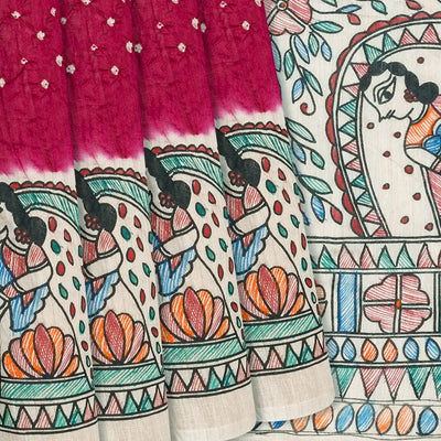 Crimson Handwoven Bandhani Silk Saree With Printed Pallu-Crimson