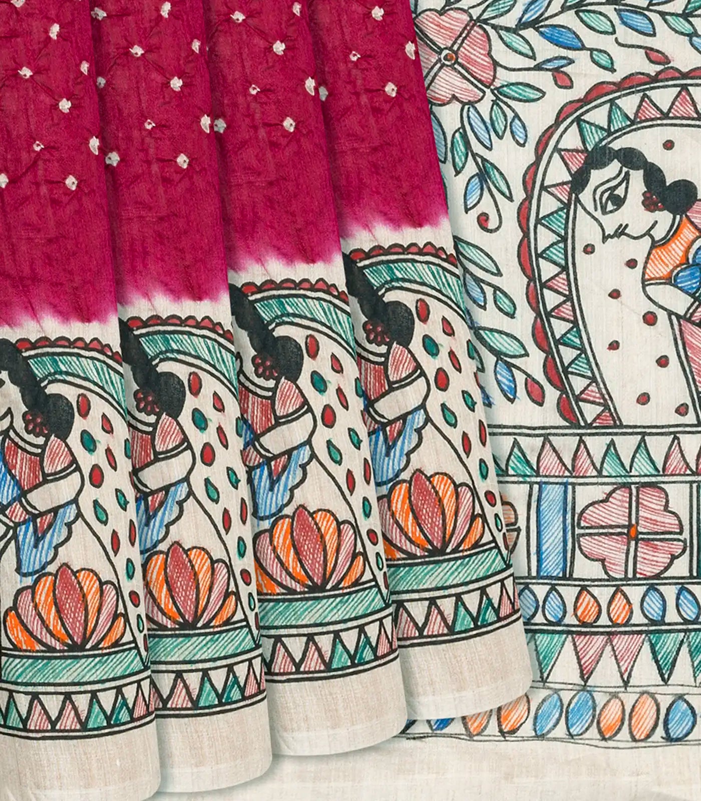 Crimson Handwoven Bandhani Silk Saree With Printed Pallu-Crimson