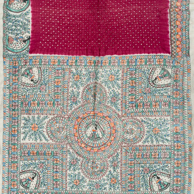 Crimson Handwoven Bandhani Silk Saree With Printed Pallu-Crimson