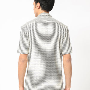 Rare Rabbit Men's Puller Off White Cotton Polyester Fabric Cuban Collar Half Sleeves Striped Shirt
