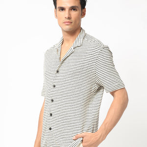 Rare Rabbit Men's Puller Off White Cotton Polyester Fabric Cuban Collar Half Sleeves Striped Shirt