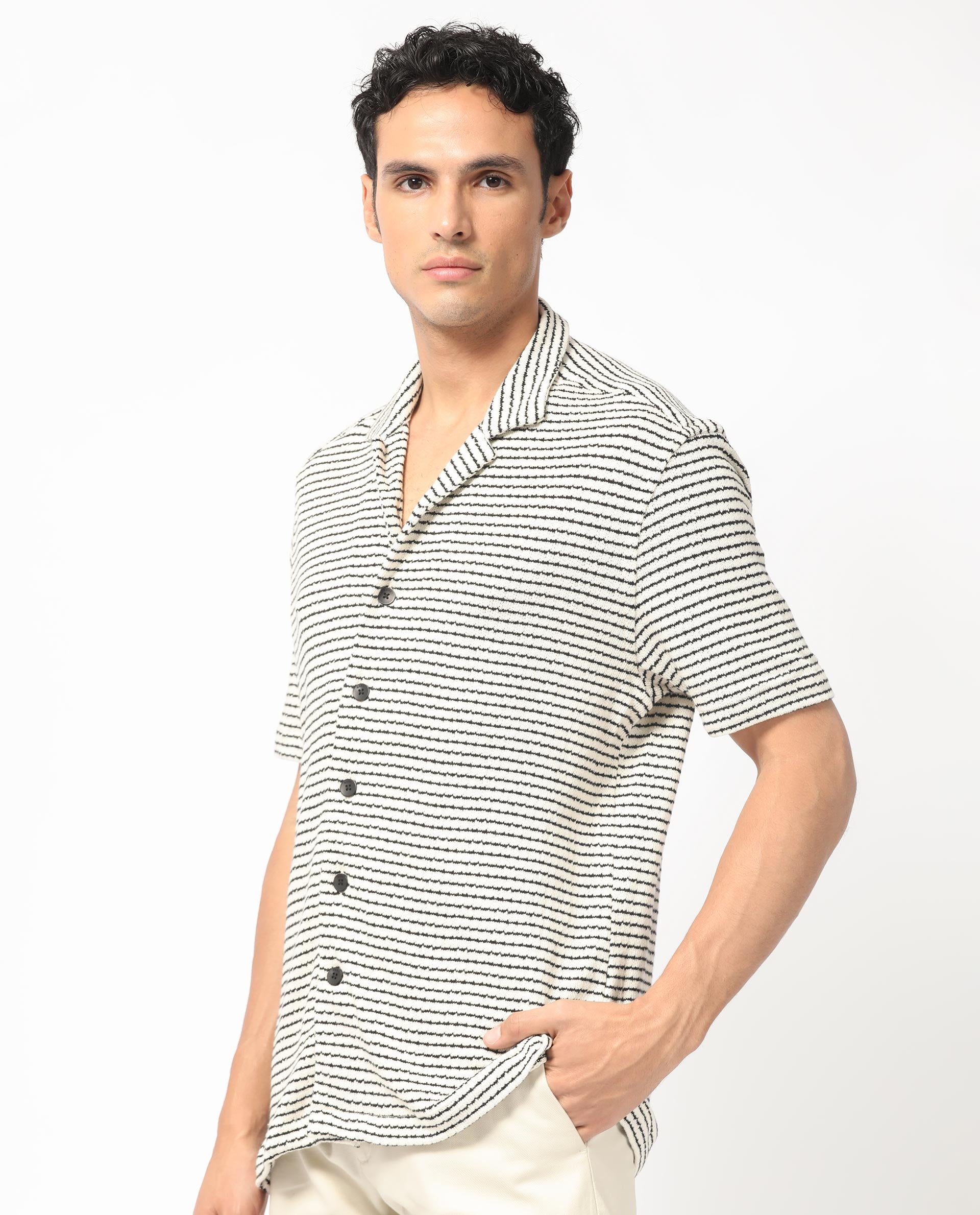 Rare Rabbit Men's Puller Off White Cotton Polyester Fabric Cuban Collar Half Sleeves Striped Shirt