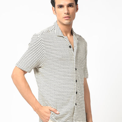 Rare Rabbit Men's Puller Off White Cotton Polyester Fabric Cuban Collar Half Sleeves Striped Shirt