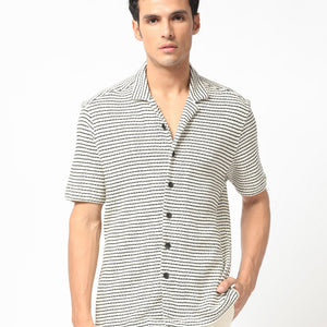 Rare Rabbit Men's Puller Off White Cotton Polyester Fabric Cuban Collar Half Sleeves Striped Shirt