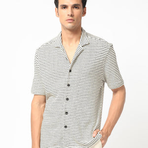 Rare Rabbit Men's Puller Off White Cotton Polyester Fabric Cuban Collar Half Sleeves Striped Shirt