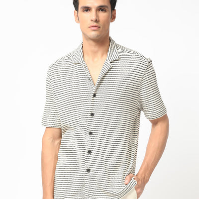 Rare Rabbit Men's Puller Off White Cotton Polyester Fabric Cuban Collar Half Sleeves Striped Shirt