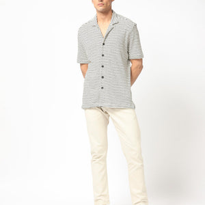 Rare Rabbit Men's Puller Off White Cotton Polyester Fabric Cuban Collar Half Sleeves Striped Shirt