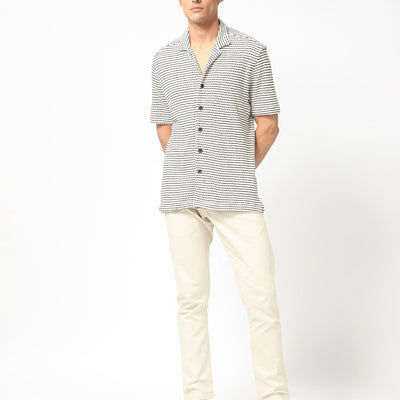 Rare Rabbit Men's Puller Off White Cotton Polyester Fabric Cuban Collar Half Sleeves Striped Shirt
