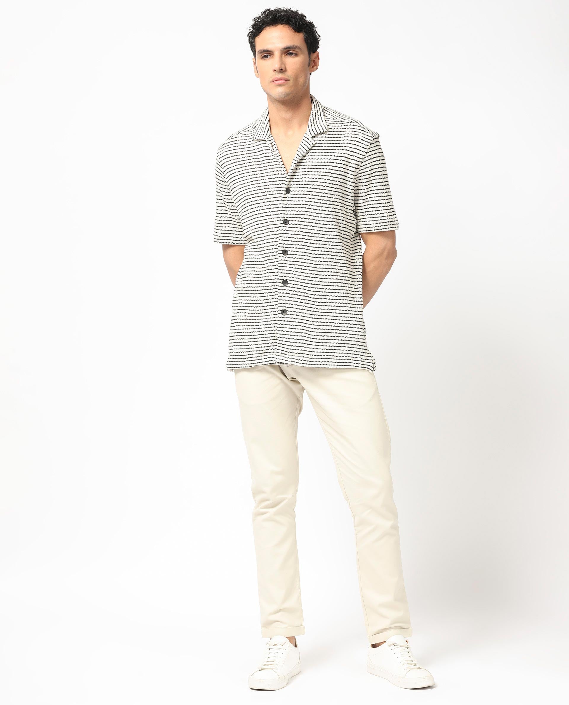 Rare Rabbit Men's Puller Off White Cotton Polyester Fabric Cuban Collar Half Sleeves Striped Shirt