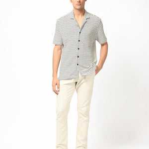 Rare Rabbit Men's Puller Off White Cotton Polyester Fabric Cuban Collar Half Sleeves Striped Shirt
