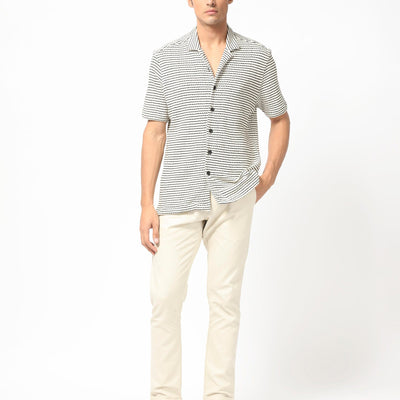 Rare Rabbit Men's Puller Off White Cotton Polyester Fabric Cuban Collar Half Sleeves Striped Shirt