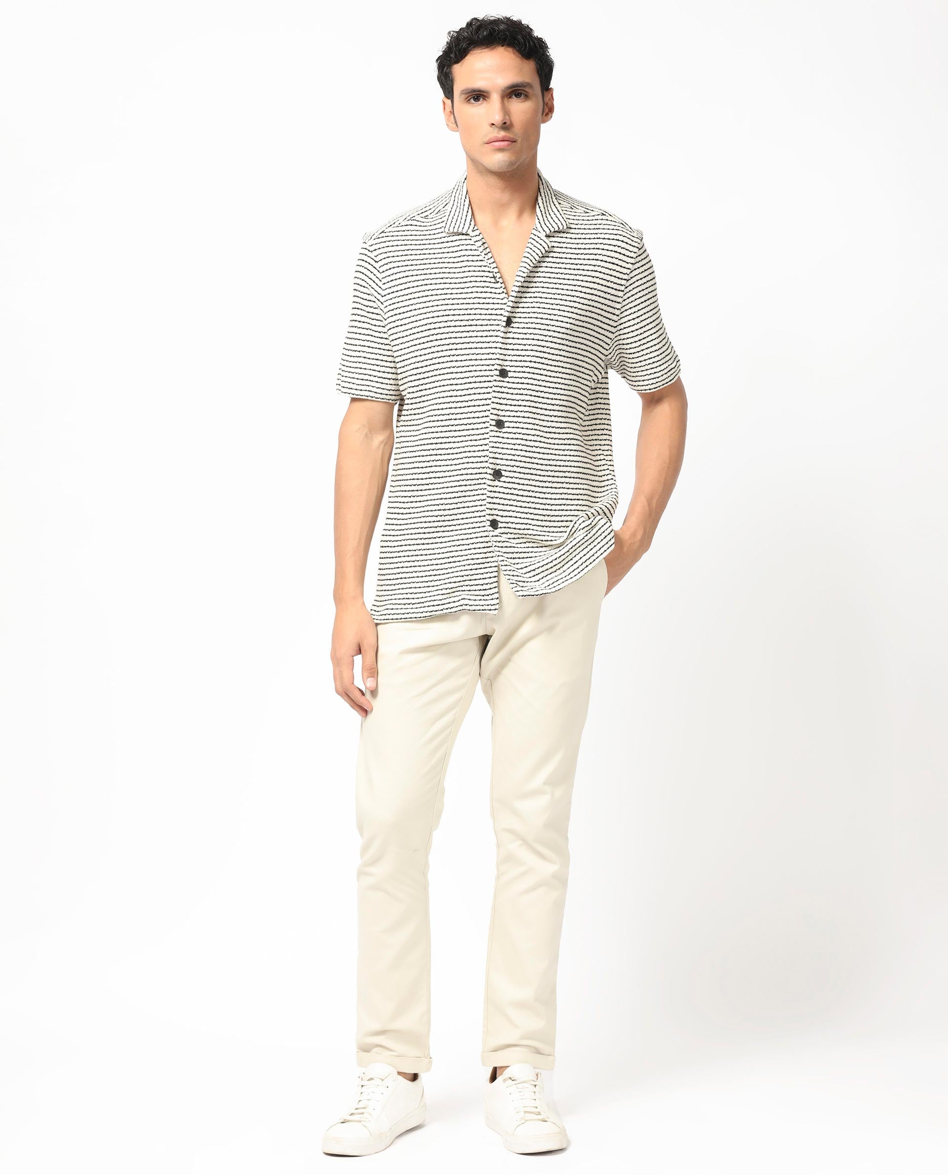 Rare Rabbit Men's Puller Off White Cotton Polyester Fabric Cuban Collar Half Sleeves Striped Shirt