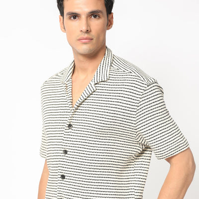Rare Rabbit Men's Puller Off White Cotton Polyester Fabric Cuban Collar Half Sleeves Striped Shirt