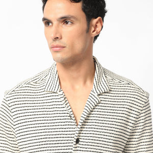 Rare Rabbit Men's Puller Off White Cotton Polyester Fabric Cuban Collar Half Sleeves Striped Shirt